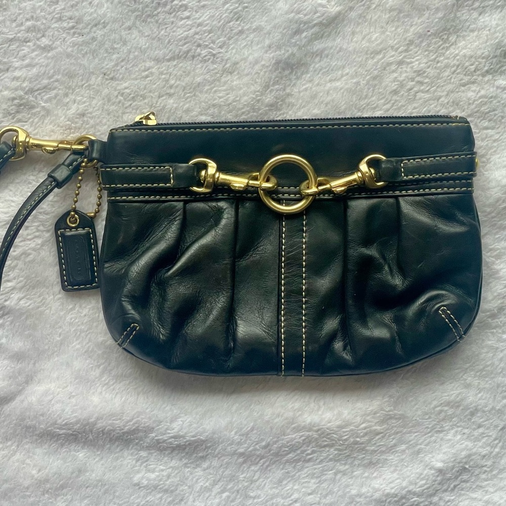 Coach Black Leather Horsebit Wristlet Clutch with Gold Hardware